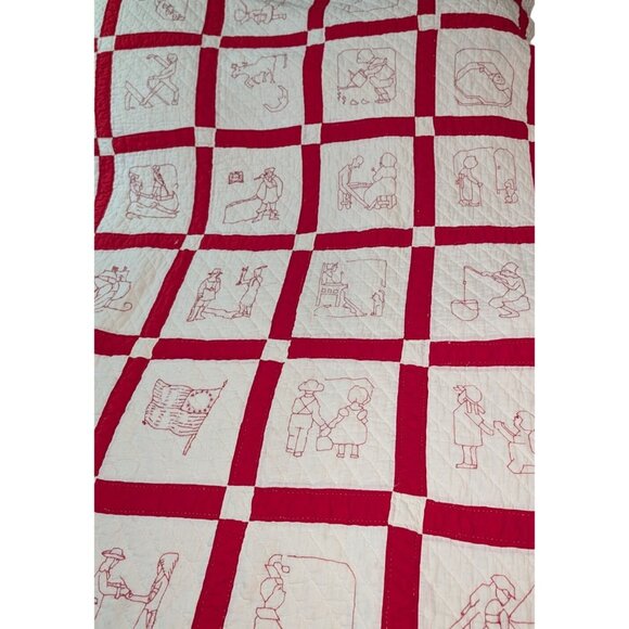 Redwork Colonial Embroidered Quilt Early 1900s Twin 83x67 Pioneer Hand quilted - Picture 14 of 16